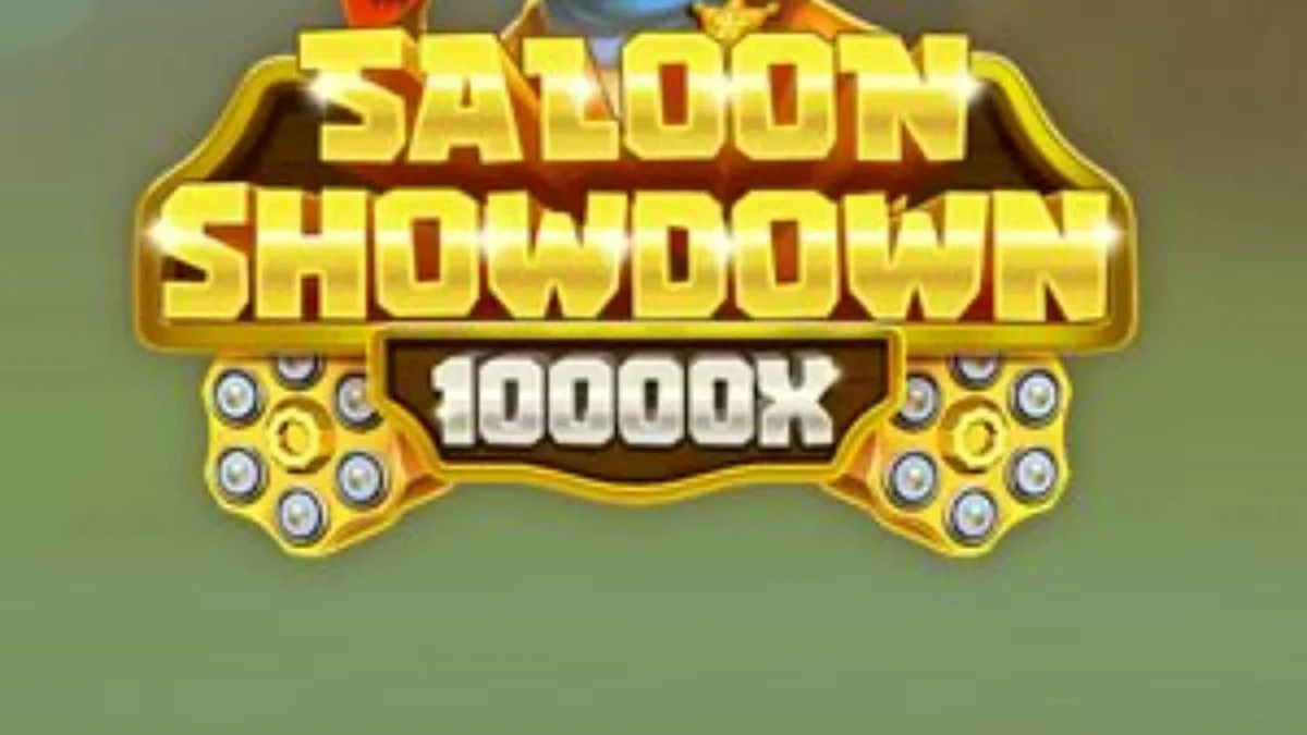 Tampilan visual slot Saloon Showdown 10,000x dengan karakter sheriff rubah dan latar belakang kota Wild West